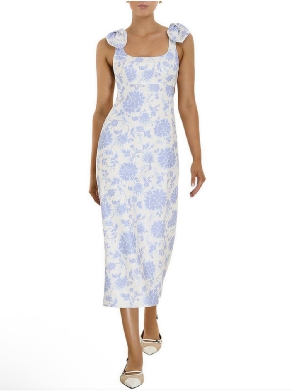 Zimmermann Floral Bow-Shoulder Midi Dress Size 1 Blue and white